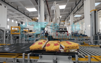 埃及袋裝大米自動(dòng)碼垛裹膜包裝線(xiàn)